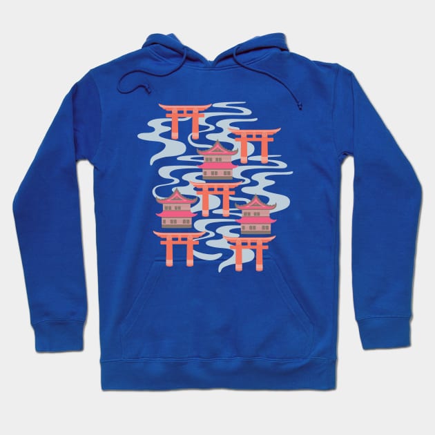 EDO Traditional Japanese Castles and Oriental Japan Torii Gates with Flowing River in Vintage Palette Fuchsia Pink Coral Orange Brown Blue White - UnBlink Studio by Jackie Tahara Hoodie by UnBlink Studio by Jackie Tahara